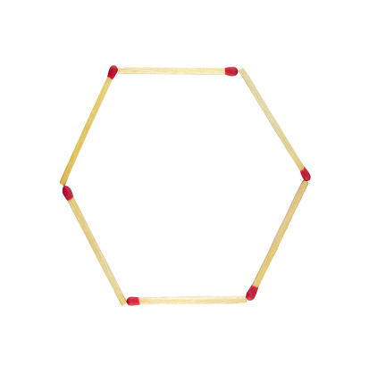 Close-up Hexagon shape of red matchsticks isolated on white background, Top view. Mockup. Flat lay composition.
