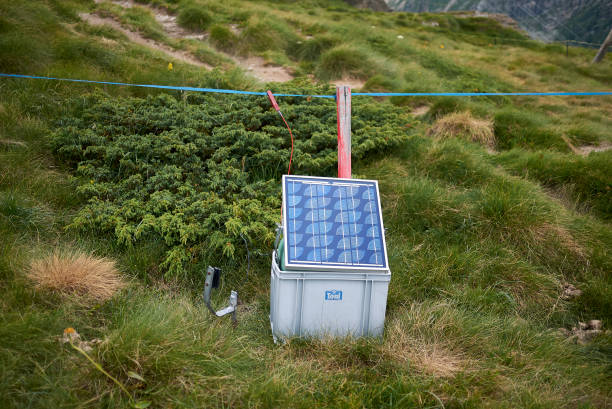 Photovoltaic panel for electric fence at Alp Grum Alp Grum, Switzerland - July 21, 2020 : Photovoltaic panel for electric fence at Alp Grum 1908 stock pictures, royalty-free photos & images