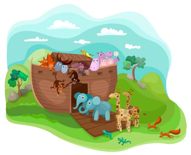 ilustrações, clipart, desenhos animados e ícones de ilustração do arco de noé com animais fofos - ark animal elephant noah