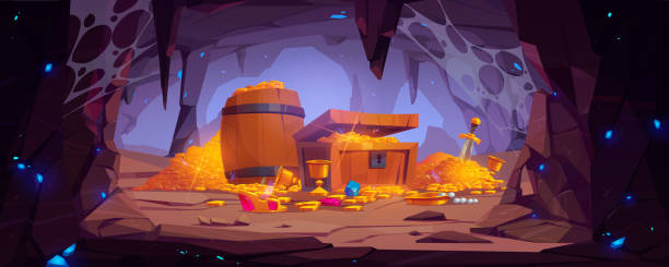 Treasure cave with gold coins in chest and barrel Treasure cave with golden coins in chest and wooden barrel, crystal gems, crown, sword in pile of gold and goblet with precious rocks, ancient fantasy magic tomb or mine, Cartoon vector illustration land mine stock illustrations
