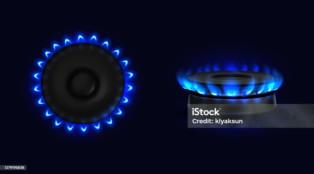 Burning Gas Stove With Blue Flame Top Or Side View Stock Illustration -  Download Image Now - Side View, Appliance, Black Color - iStock