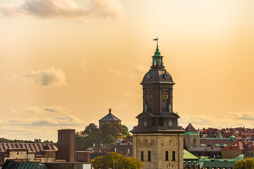 Gothenburg, Sweden - september 10 2020: Church tower of Tyska Kyrkan in front of Skansen Kronan..