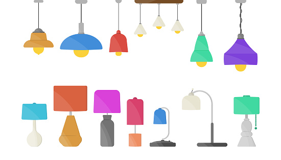 Furniture chandelier, floor and table lamp in flat cartoon style. Chandeliers, illuminator, flashlight isolated on white background. Home light with lamps icons. Vector illustration, eps 10.