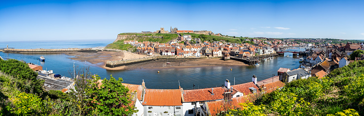 Panoramic view of Whitby Harbour and town, Whitby,, Yorkshire, UK