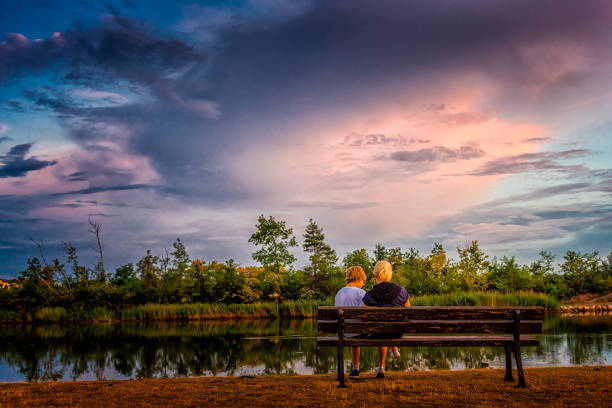 mother and child at a lake