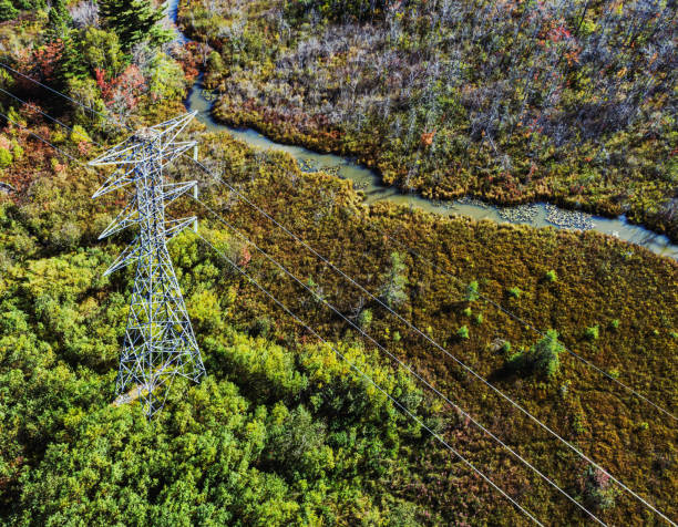 Aerial drone view of a high voltage power line crossing a wetland area.