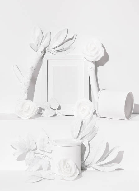 istock Still life mock-up composition white minimal frame and winter decor.  Winter season concept design. Trendy white colours aesthetic 1279201080