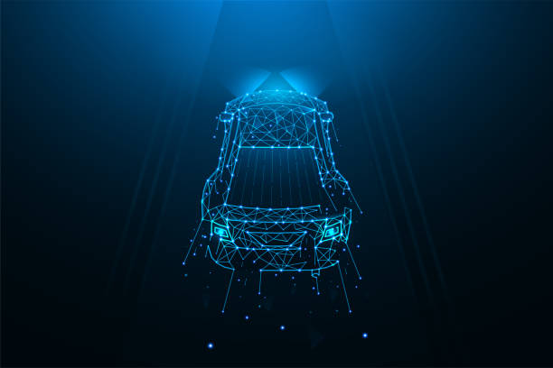 Car driving on the road polygonal vector illustration. A car made of lines and dots on a dark blue background Car driving on the road polygonal vector illustration. A car made of lines and dots on a dark blue background car geometry stock illustrations