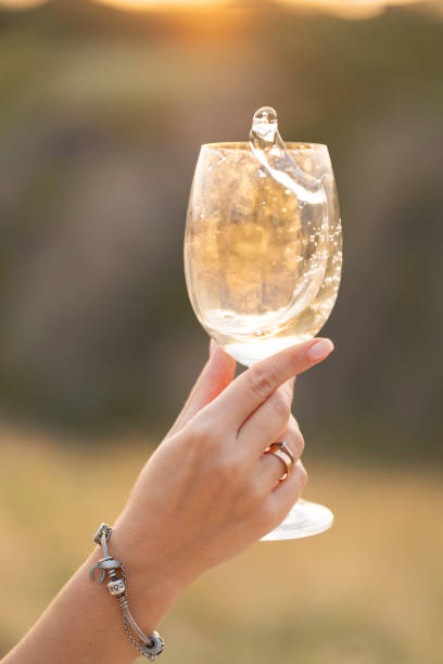 istock Girl churns wine in a glass at sunset. 1279201945