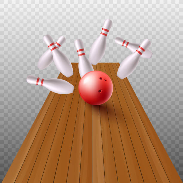 Bowling alley mockup with ball striking pins, realistic vector illustration isolated. Wooden bowling alley mockup with ball striking pins, realistic vector illustration isolated on transparent background. Bowling game detail template for advertising. bowling alley wood stock illustrations