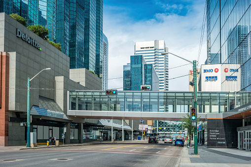 Stock photograph of 101 St NW in the financial district of downtown Edmonton Alberta Canada on a sunny day.