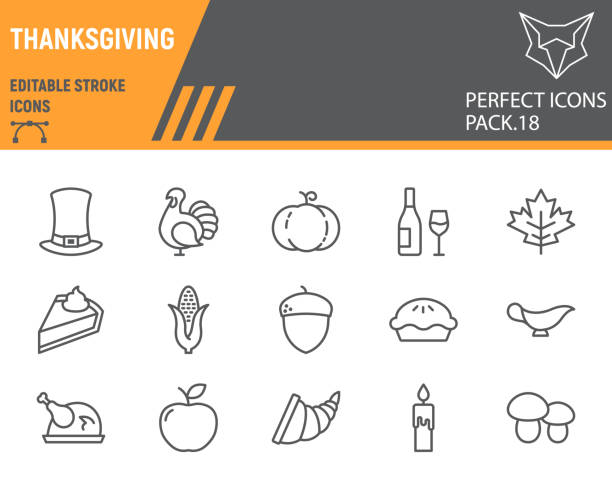 感謝祭のラインアイコンセット、休日のコレクション、ベクトルスケッチ、ロゴイラスト、感謝祭のアイコン、お祝いは線形ピクトグラム、編集可能なストロークに署名します。 - thanksgiving symbol turkey apple点のイラスト素材／クリップアート素材／マンガ素材／アイコン素材