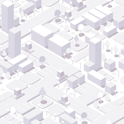 Seamless isometric city background. White buildings, trees and cars with shadows. Vector illustration.
