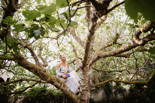 Young woman meditation about the content of her book sitting in a tree, slightly grain added