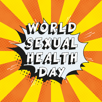 Text 'WORLD SEXUAL HEALTH DAY' in retro comics speech bubble on orange background with radial lines and halftone dots. Holiday banner template in vintage pop art style. Vector illustration eps10