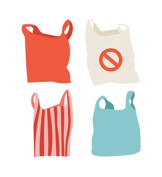 Vector illustration of plastic bags in red, beige, blue, and pink colors. Hand-drawn plastic bag set. Vector illustration of plastic bags in red, beige, blue, and pink colors. Hand-drawn plastic bag set. Say no to plastic bags. Plastic is prohibited. Zero waste. Ecology. plastic bag stock illustrations