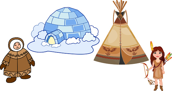 Cartoon teepee (tipi) and igloo. Traditional dwelling