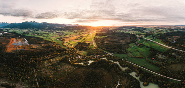 Panorama over the moor near Bad Aibling and Rosenheim stock photo