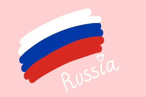 Vector illustration of National flag of Russia, tricolor white blue red. Simple stylized russian flag freehand text