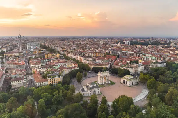 View from the Torre Branca (Branca Tower) of the Arco della Pace, Parco Sempione, Milan, Lombardy. High quality photo