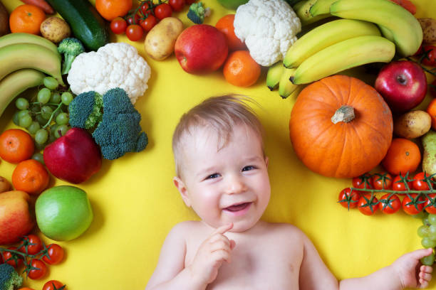 istock Baby surrounded with fruits and vegetables 1279214622