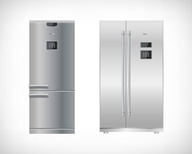 istock Set of kitchen electrical appliances. Silver refrigerator, freezer, fridge. Simple model and double door. Digital display and keypad panel. Vector illustration. 1279215786