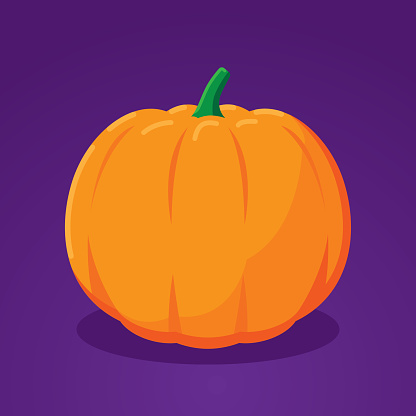 Vector illustration of a pumpkin against a purple background in flat style.