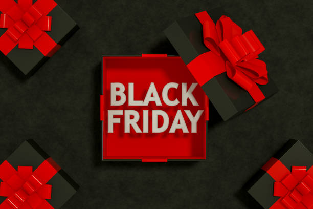 istock Black Friday, Black Open Gift Box, Minimal 3d Design on Black Background 1279216869