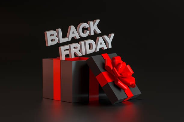 istock Black Friday, Black Open Gift Box, Minimal 3d Design on Black Background 1279217307