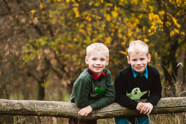 два блондинка мальчики висит на деревянном бревне - twin falls стоковые фото и изображения