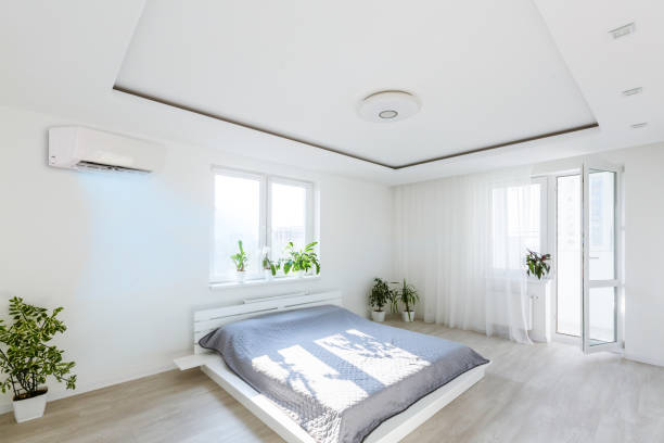 istock Modern bright living room with air conditioning, white wall. 3D rendering 1279219436
