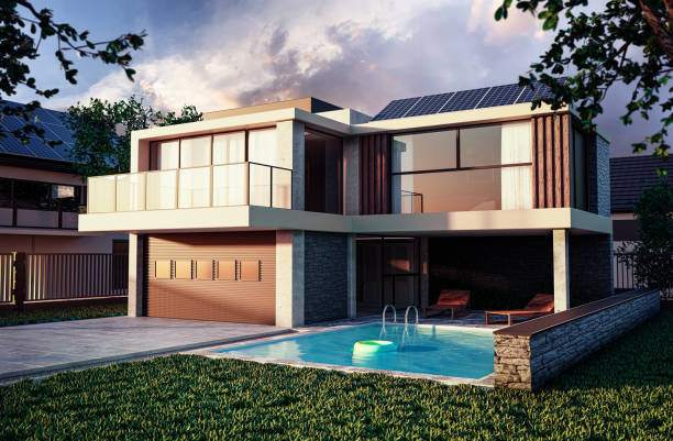 istock Modern home exterior with garage, pool and photovoltaics 1279220602