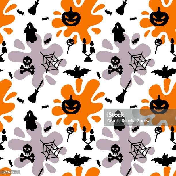 Resultaat Asser amusement Het Naadloze Patroon Van Halloween Met Een Spinnet Kaarsen Spook Knuppel  Pompoen Schedel En Kruisbeenderen Op