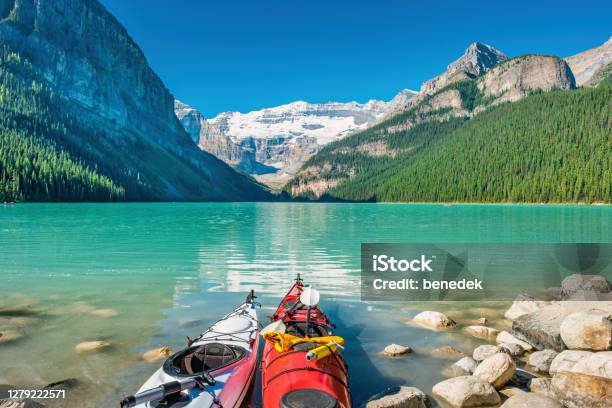 Kayaks At Lake Louise Banff National Park Alberta Canada Stock Photo - Download Image Now