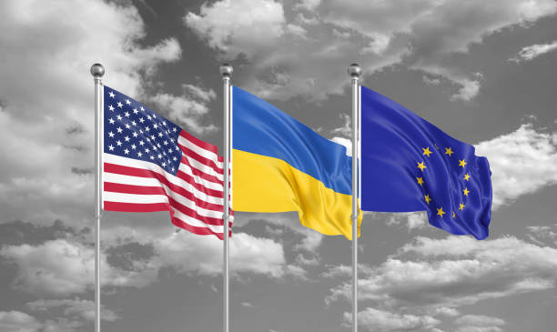 istock Three realistic flags. Three colored silky flags in the wind: USA (United States of America), EU (European Union) and Ukraine. 3D illustration. 1279223743