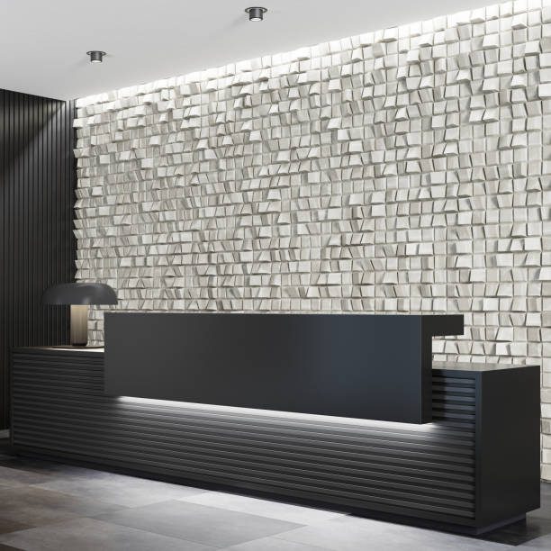 Modern Office lobby interior black and white area with long reception desk Modern and luxurious Offices lobby interior black and white area. Long reception desk.
wall tiles decoration. 3d rendering gold desk lamp stock pictures, royalty-free photos & images