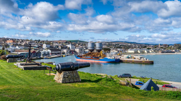 vieilles fortifications navales et canons avec l’ancre rouillée, une attraction touristique dans le port de wicklow - nautical vessel cannon coastline crane photos et images de collection