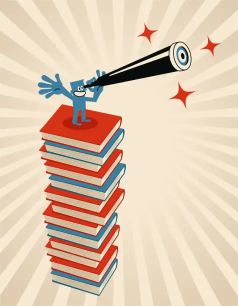 Vector illustration of One man is standing on a pile of books and looking through a hand-held telescope; Never stop learning; To invest in yourself; Taking learning a step further; Knowledge is the power which helps move one step forward