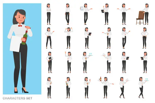 Vector illustration of Set of waiters, woman character vector design. Presentation in various action with emotions, running, standing and walking.