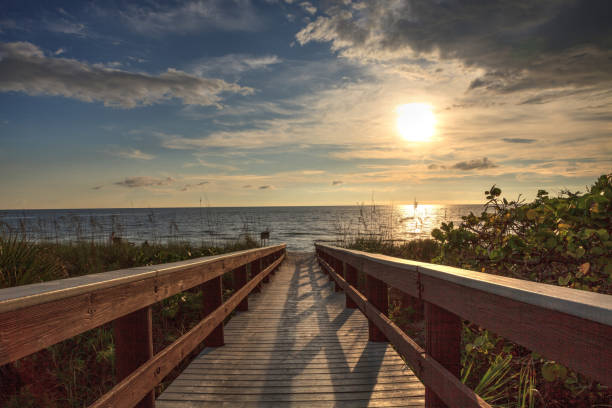 boardwalk mène au sable blanc de barefoot beach - bonita springs photos et images de collection