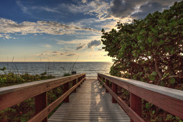 boardwalk mène au sable blanc de barefoot beach - bonita springs photos et images de collection