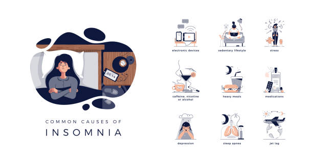 ilustrações, clipart, desenhos animados e ícones de jovem deitada na cama, ilustração de vetor fechado. causas de insônia: dispositivos eletrônicos, vida sedentária, estresse, cafeína, nicotina, álcool, depressão, refeição pesada, medicamentos, jet lag, apneia - dependency caffeine tired women