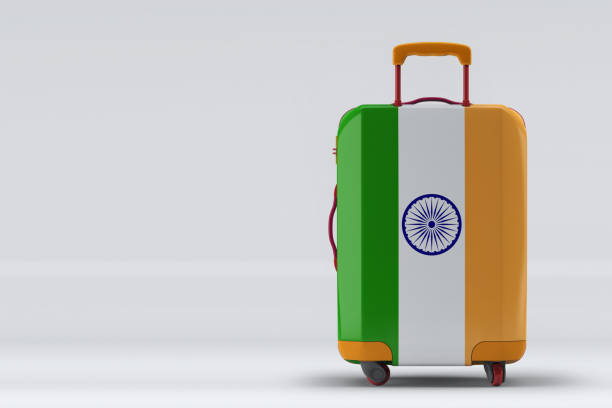 istock India flag on a stylish suitcases back view on color background. Space for text. International travel and tourism concept. 3D rendering. 1279241834