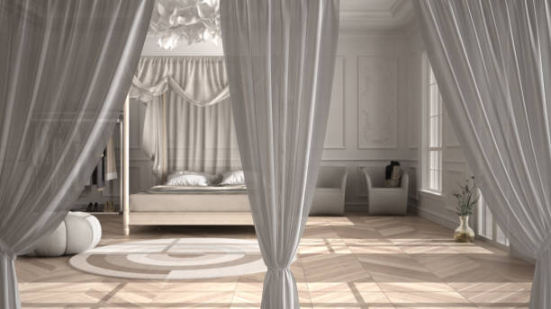 istock White openings curtains overlay classic bedroom, interior design background, front view, clipping path, vertical folds, soft tulle textile texture, stage concept with copy space 1279245451