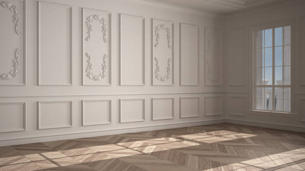 istock Empty room interior design, open space with white walls with stucco and parquet wooden floor, classic contemporary architecture, no people, mock-up with copy space 1279245461