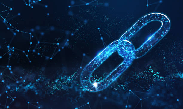 значок цепной связи на абстрактном синем фоне. концепция символа цепи hyperlink.3d рендеринга - 3d визуализатор стоковые фото и изображения