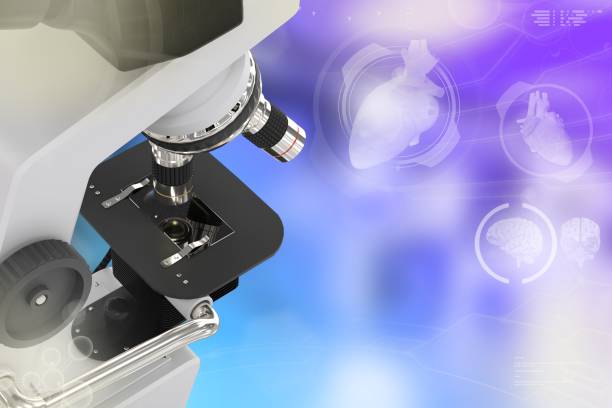 istock Medical research concept, lab electronic scientific microscope on colorful overlay background - medical 3D illustration 1279253385