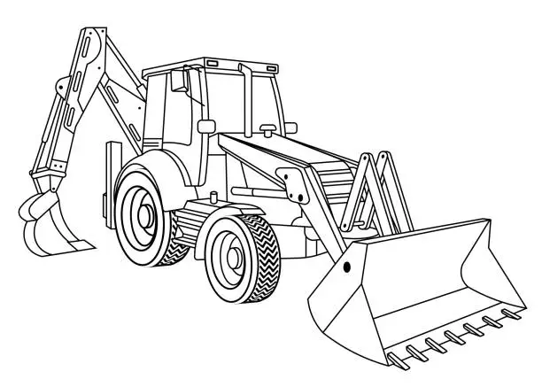 Vector illustration of Children linear drawing for coloring book. Construction equipment tractor in linear. Industrial machinery and equipment. Isolated vector on white