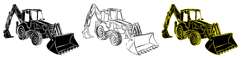 Construction equipment tractor in sketch linear style. Industrial machinery and equipment. Isolated vector on white