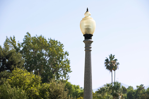 View of the historic street lights in the downtown area of Corona, California, USA.